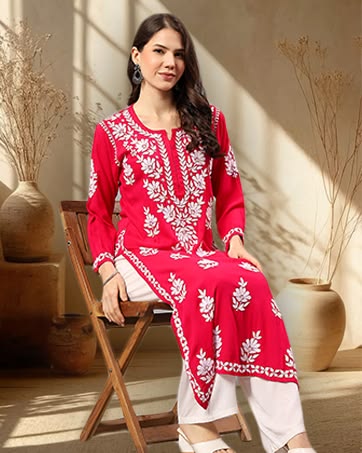 Chikankari Kurti - Magenta (Rayon)