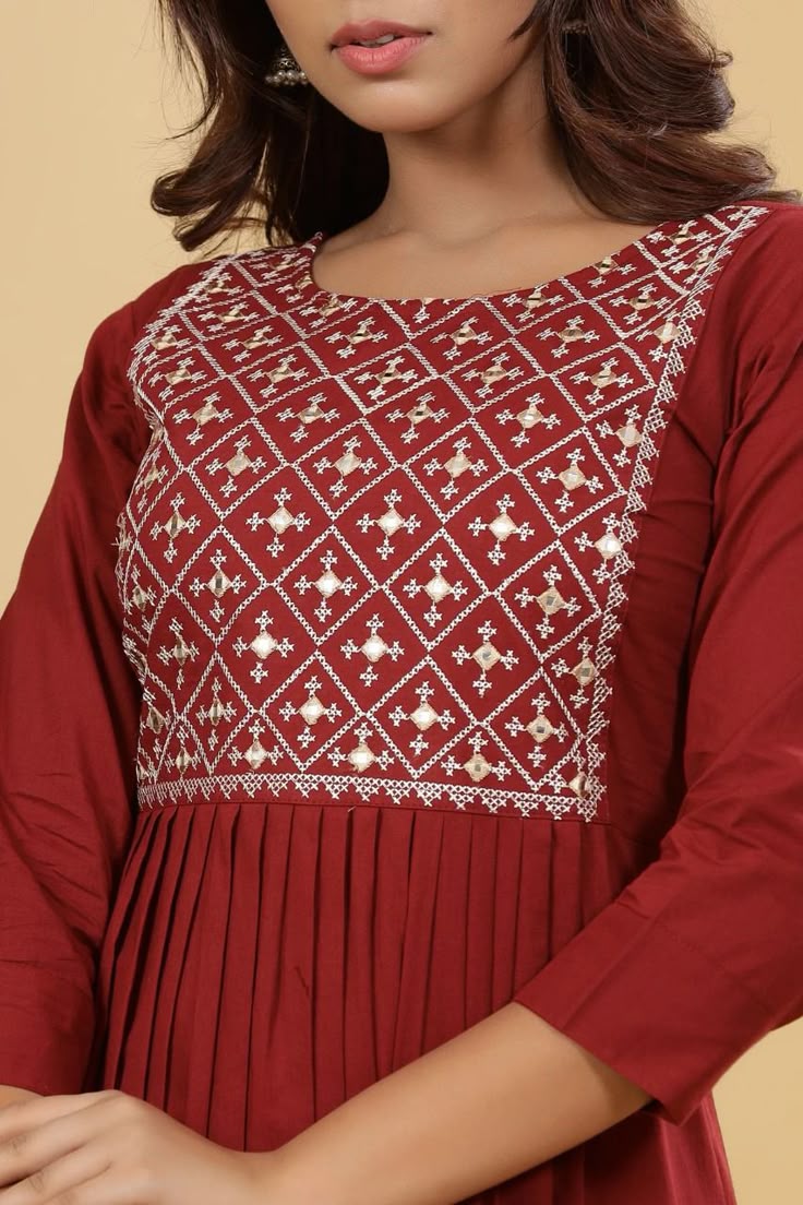 Embroidered Yoke Kurti - Red (Modal)