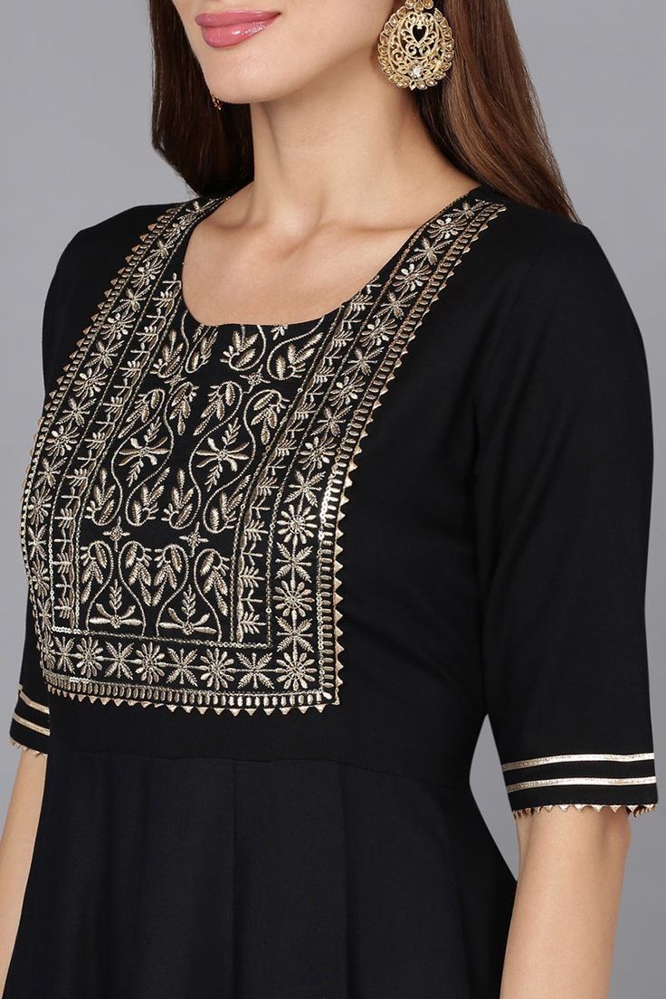 Embroidered Yoke Kurti - Black (Cotton)