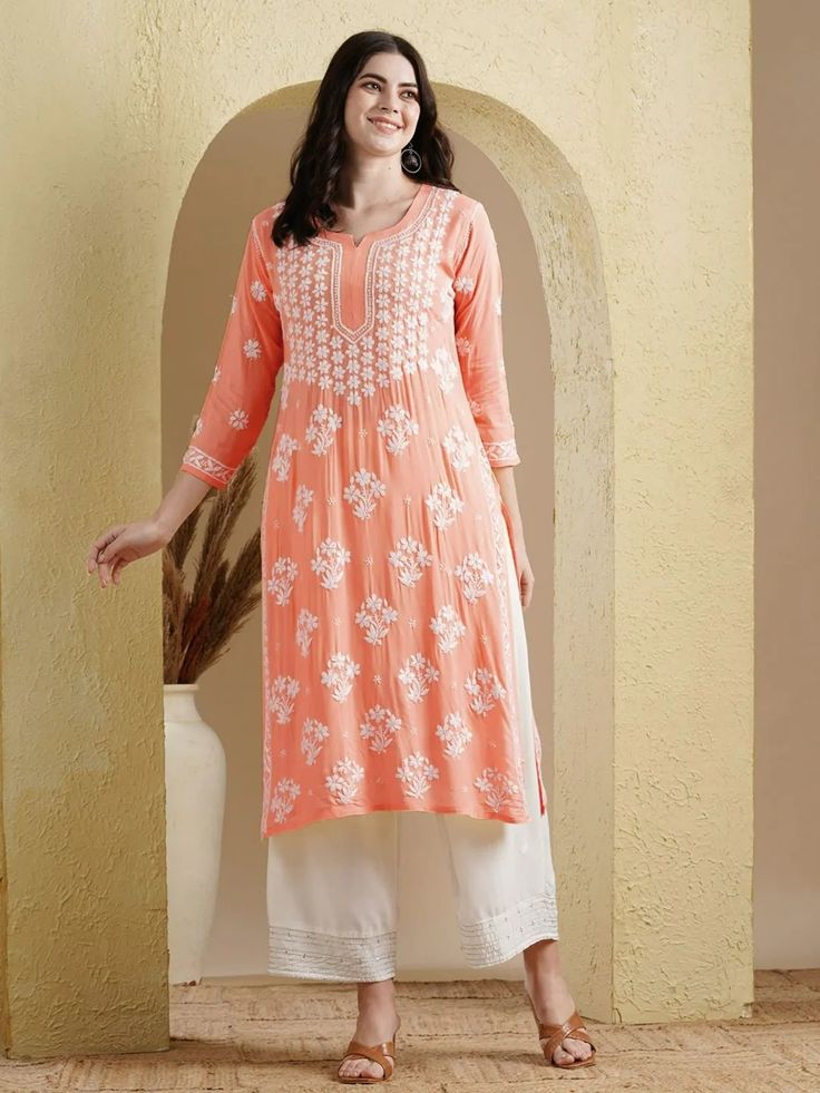 Chikankari Kurti - Coral (Rayon)