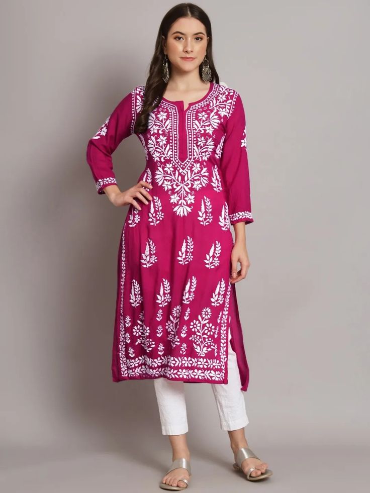 Chikankari Kurti - Magenta (Rayon)