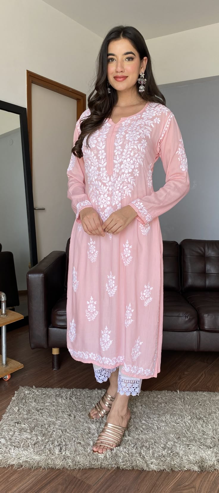 Chikankari Kurti - Coral (Rayon)