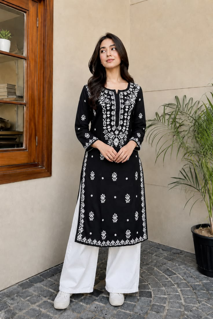 Chikankari Kurti - Black (Crepe)