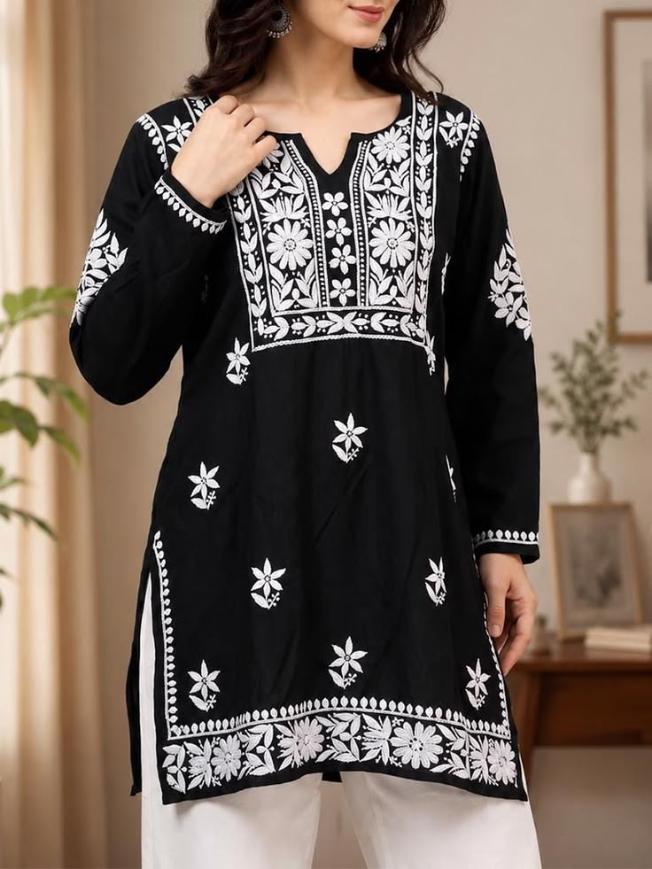 Embroidered Yoke Kurti - Black (Cotton)