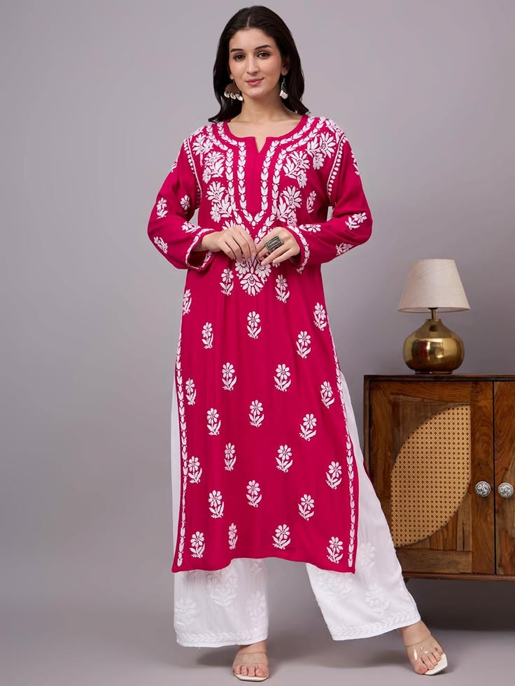 Chikankari Kurti - Magenta (Rayon)