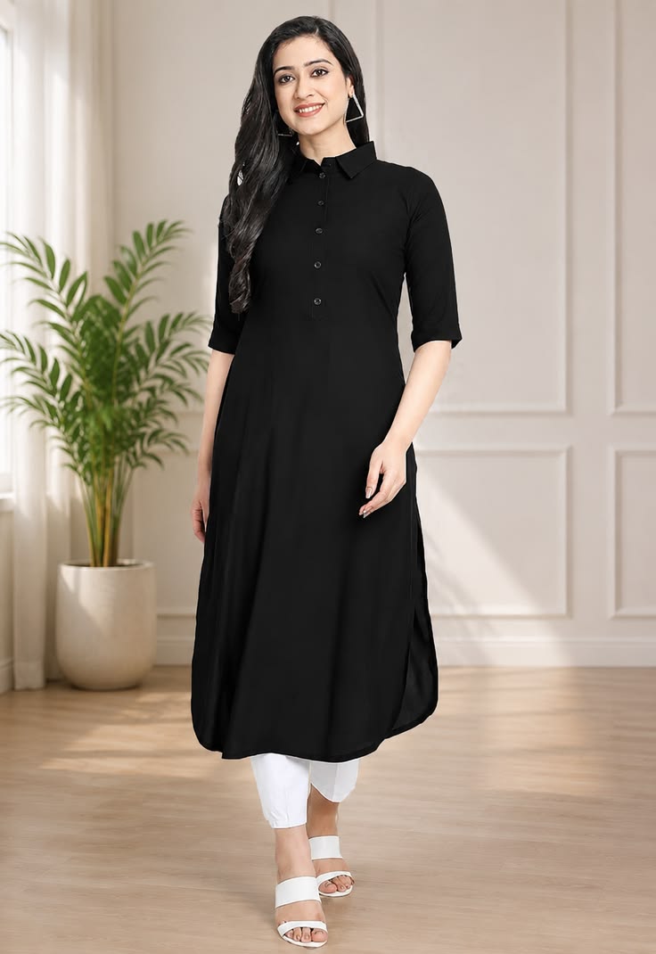 Collar Style Kurti - Black (Linen)