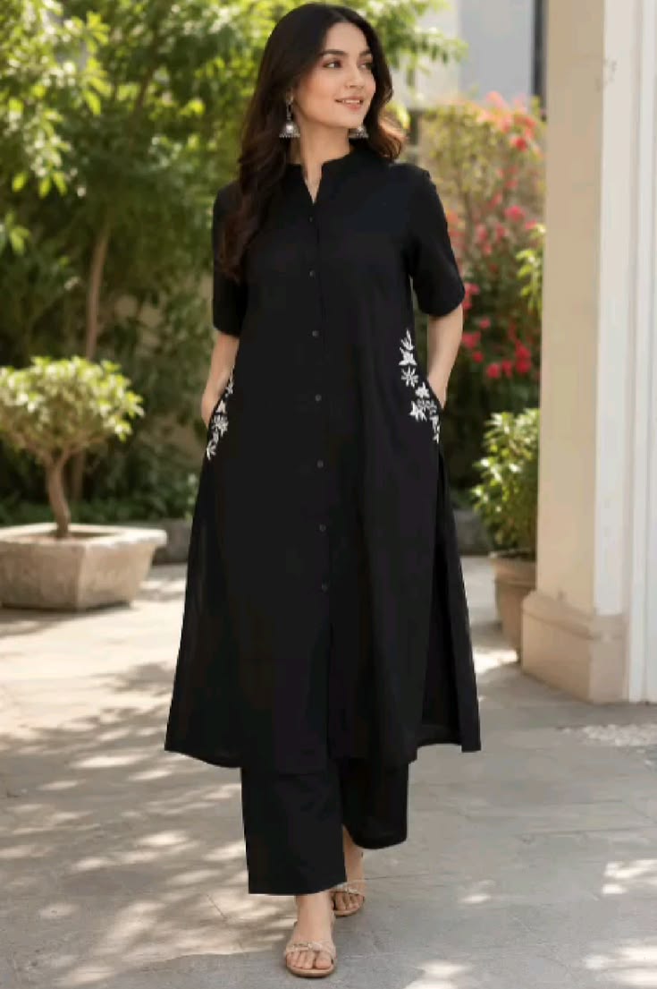 Collar Style Kurti - Black (Linen)