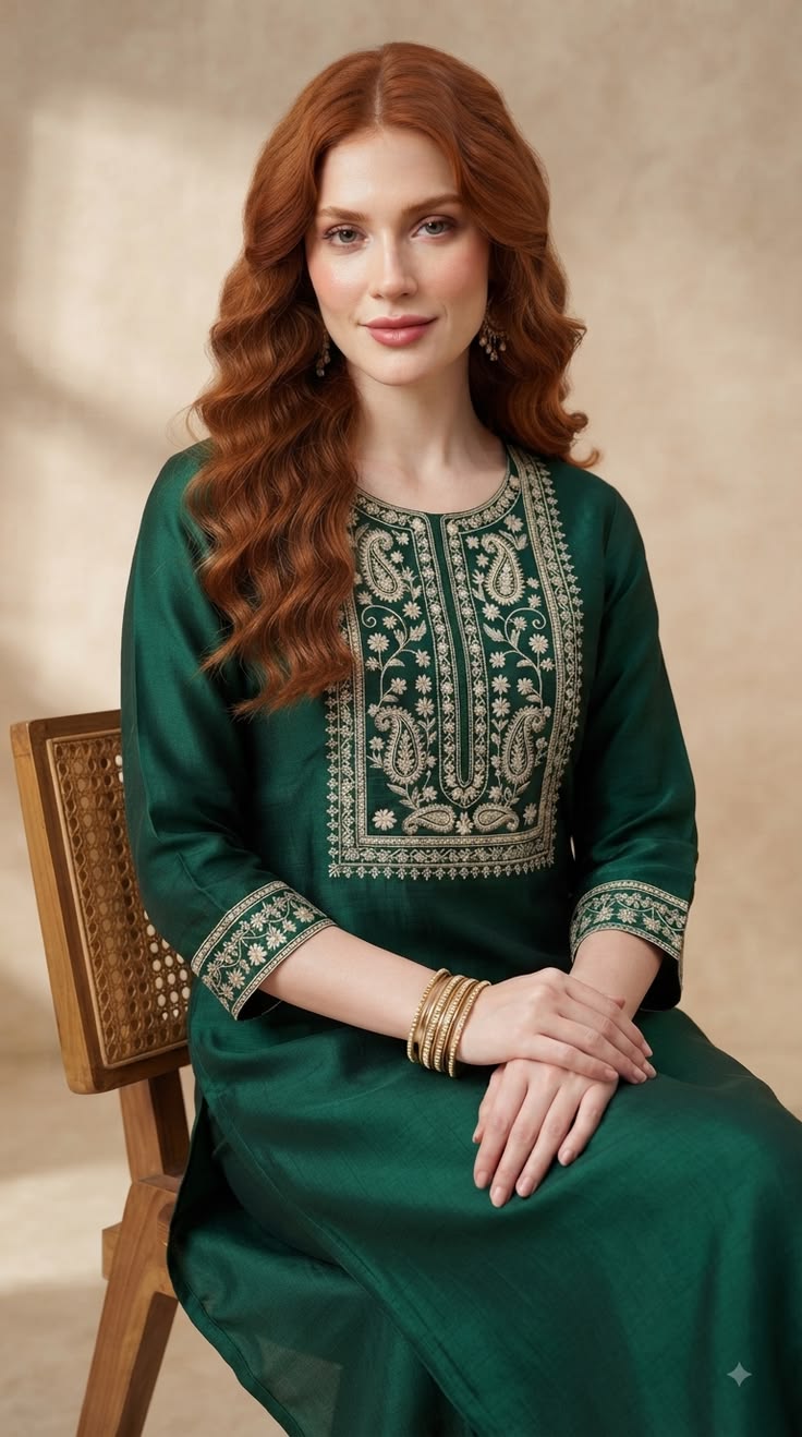 Embroidered Yoke Kurti - Forest Green (Modal)