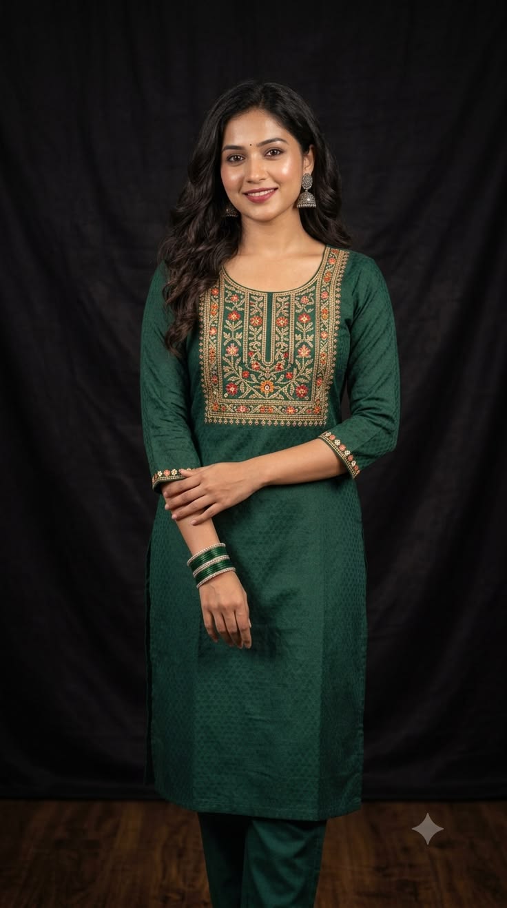 Embroidered Yoke Kurti - Forest Green (Modal)