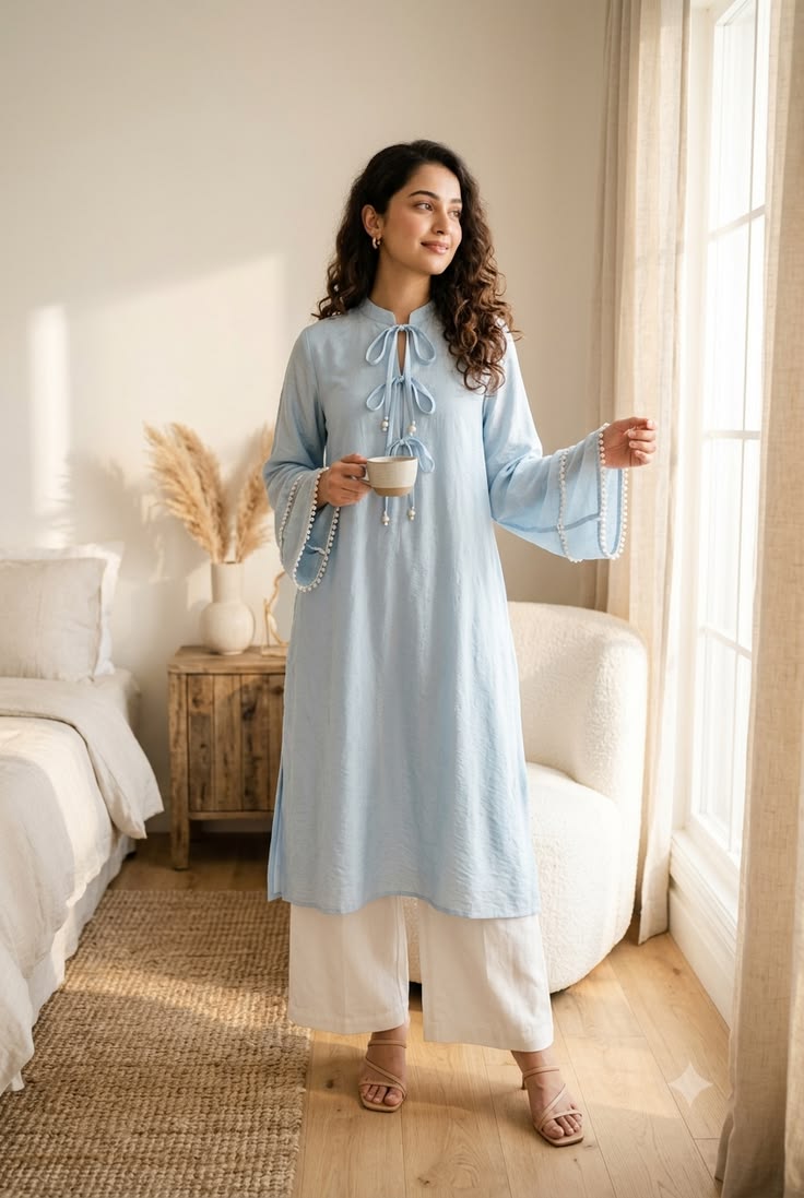 Bell Sleeve Kurti - Sky Blue (Georgette)