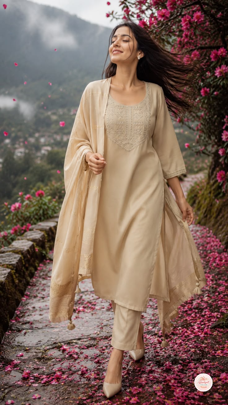 Embroidered Yoke Kurti - Beige (Georgette)