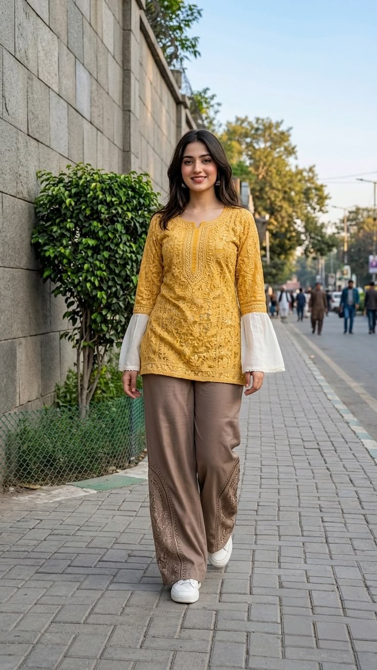 Bell Sleeve Kurti - Mustard Yellow (Chiffon)