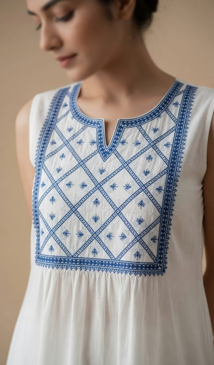 Embroidered Yoke Kurti - White (Rayon)