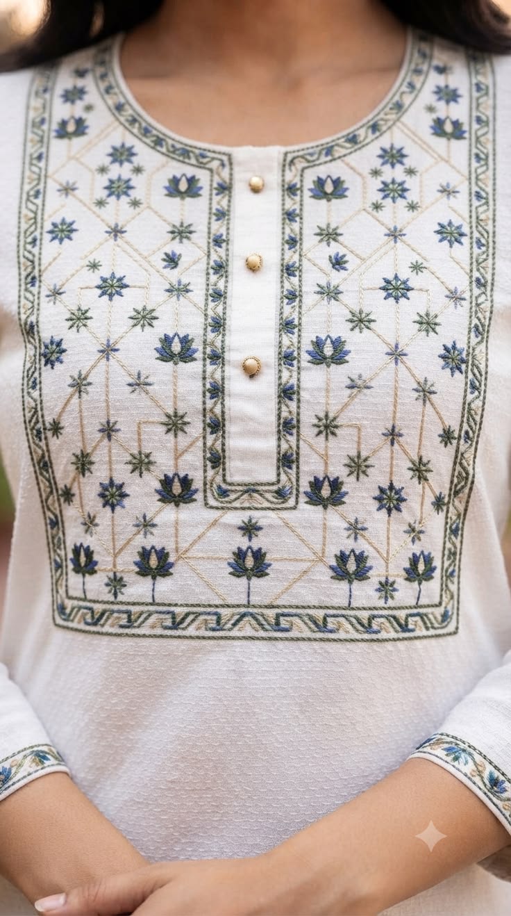Embroidered Yoke Kurti - White (Rayon)