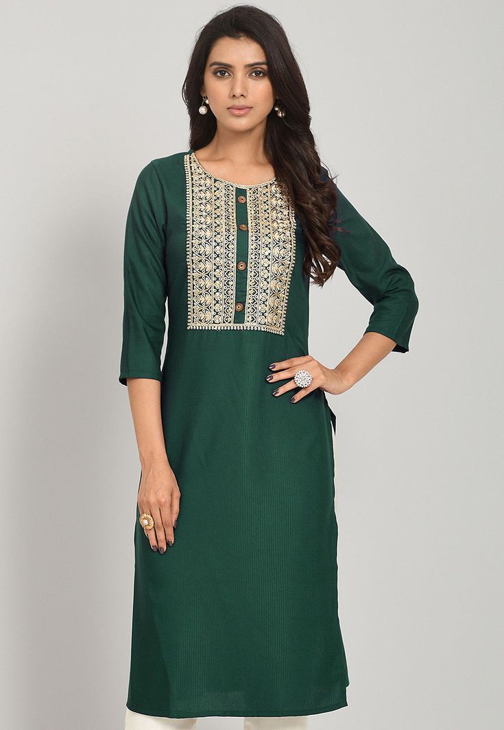 Embroidered Yoke Kurti - Forest Green (Modal)