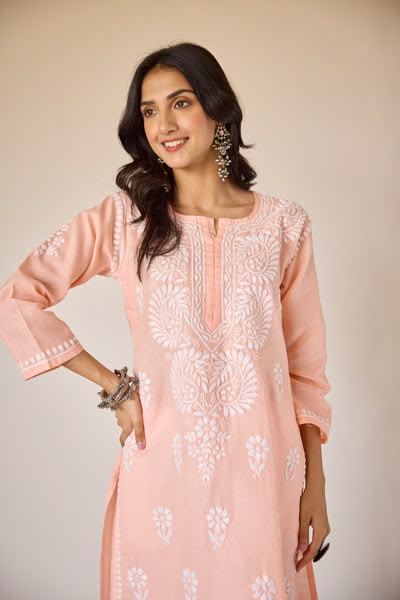Chikankari Kurti - Peach (Cotton)