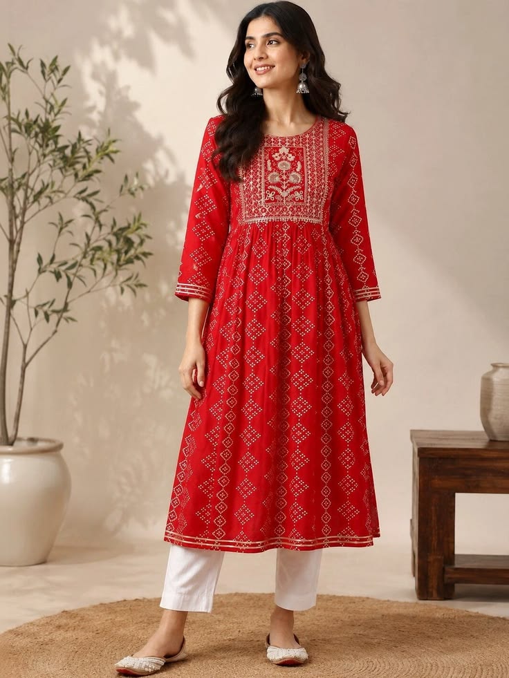 Embroidered Yoke Kurti - Red (Modal)