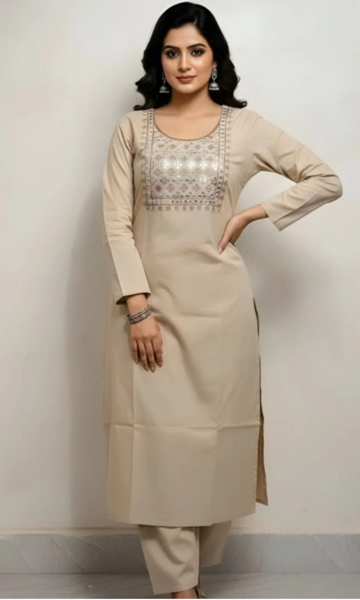 Embroidered Yoke Kurti - Beige (Georgette)