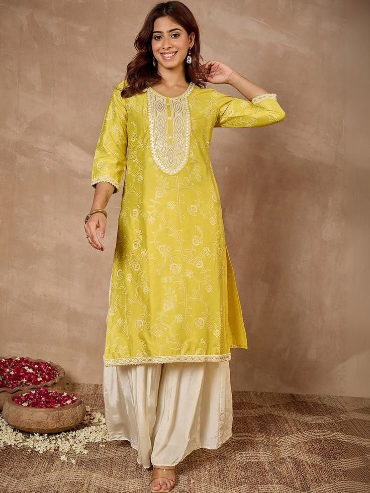 Embroidered Yoke Kurti - Lemon Yellow (Linen)