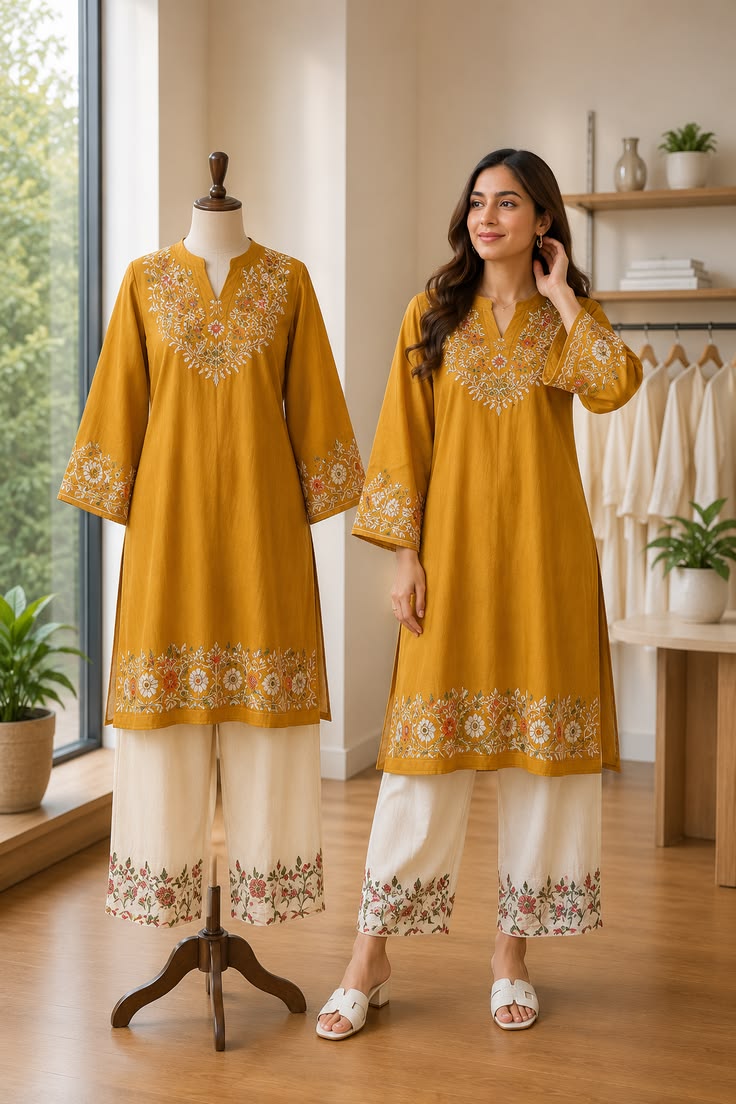 Embroidered Yoke Kurti - Mustard Yellow (Crepe)
