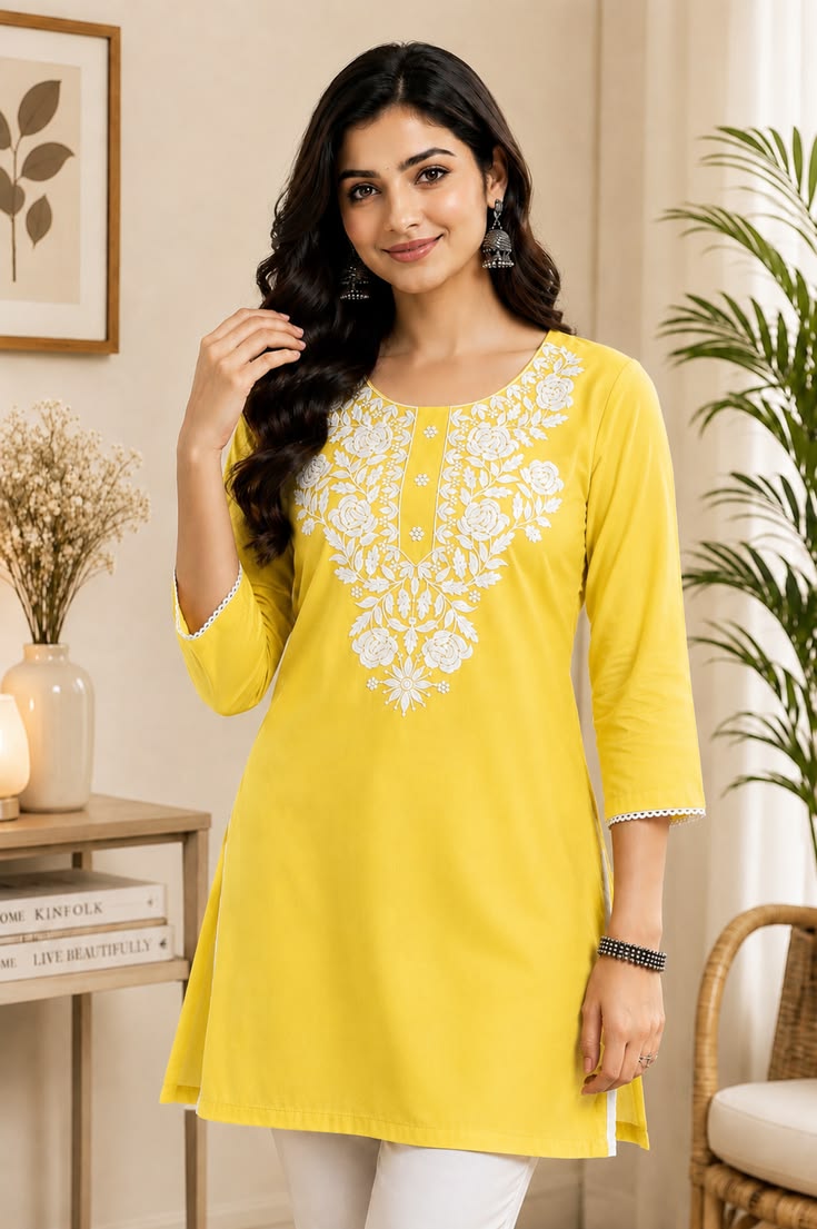 Embroidered Yoke Kurti - Lemon Yellow (Linen)