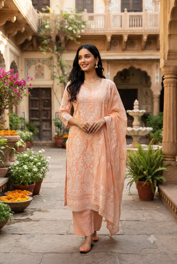 Chikankari Kurti - Peach (Cotton)
