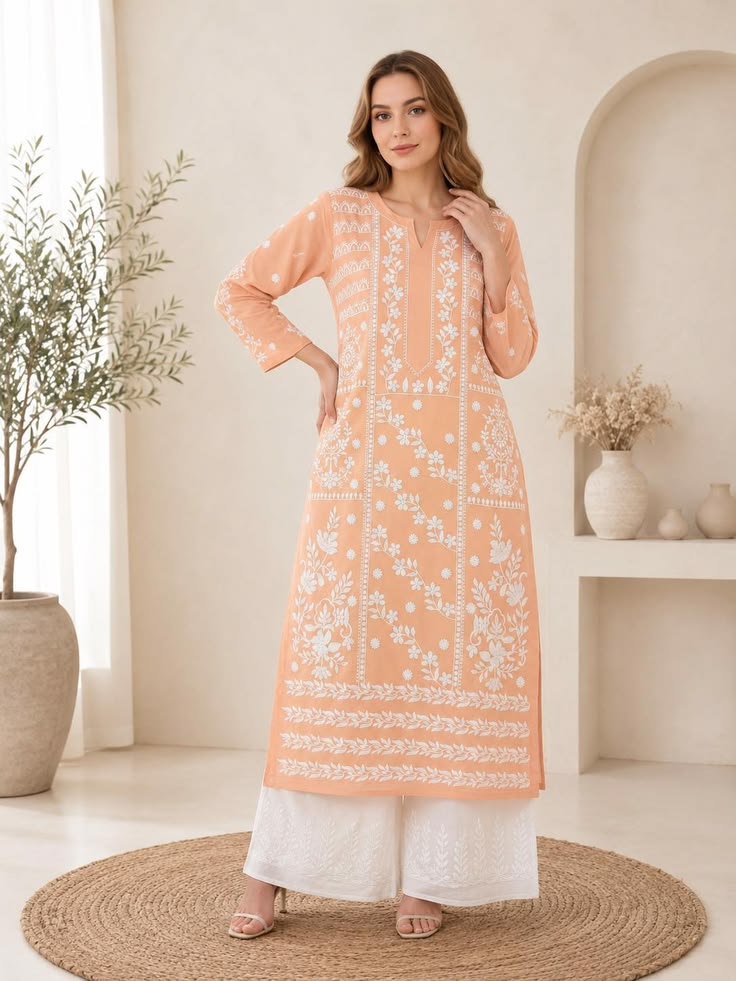 Chikankari Kurti - Peach (Cotton)