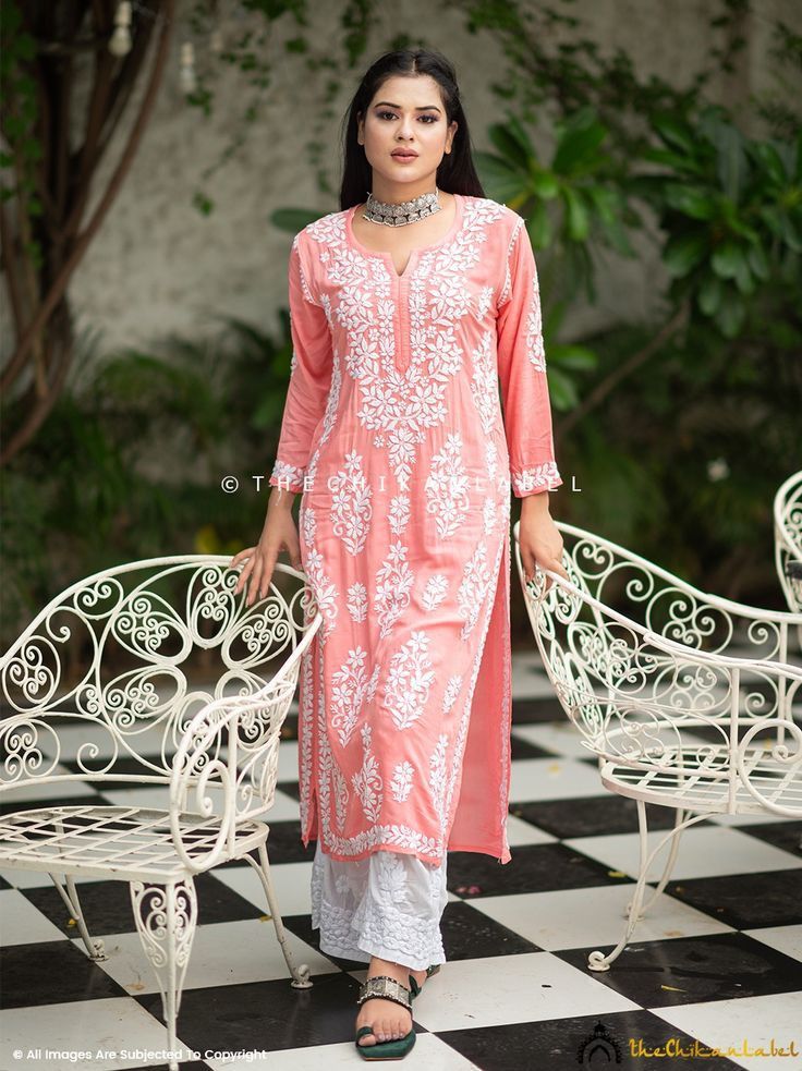 Chikankari Kurti - Coral (Rayon)