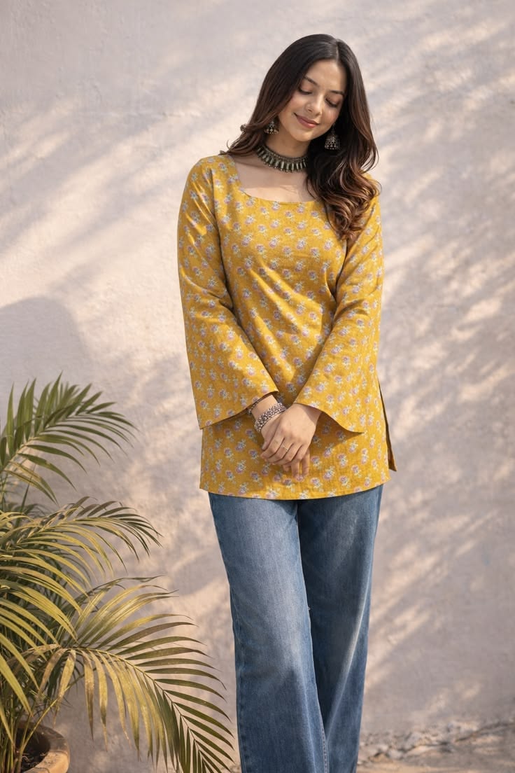 Bell Sleeve Kurti - Mustard Yellow (Chiffon)