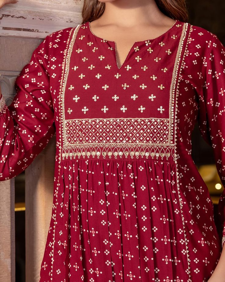 Embroidered Yoke Kurti - Red (Modal)
