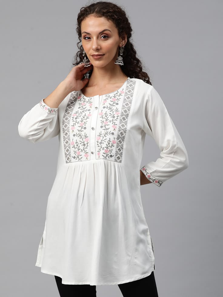 Embroidered Yoke Kurti - White (Rayon)