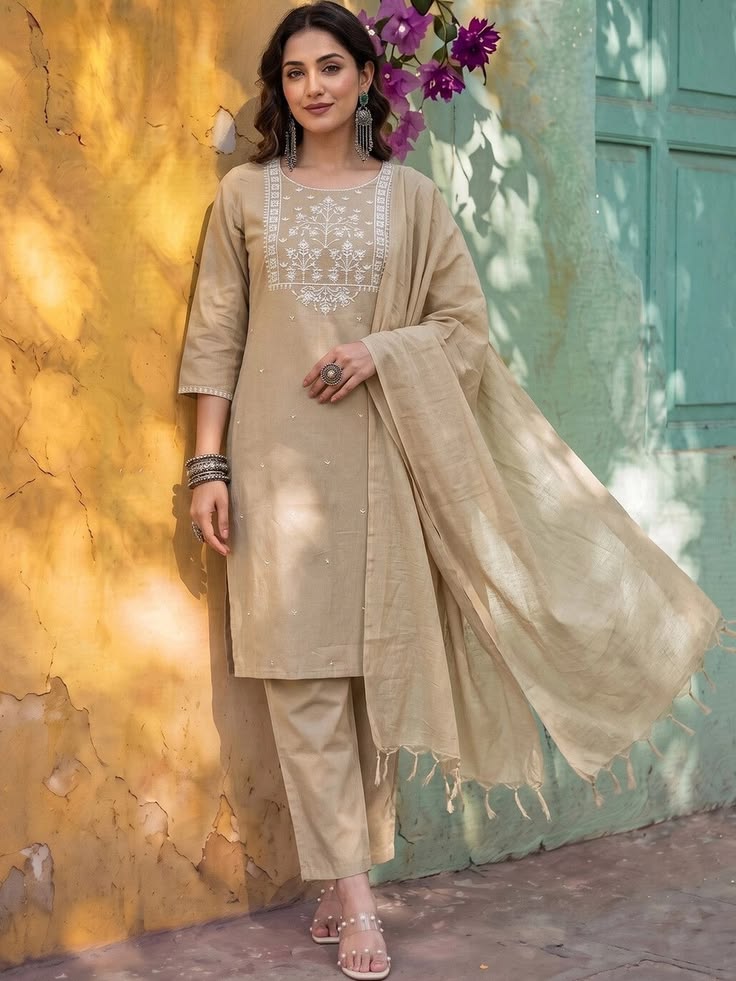 Embroidered Yoke Kurti - Beige (Georgette)
