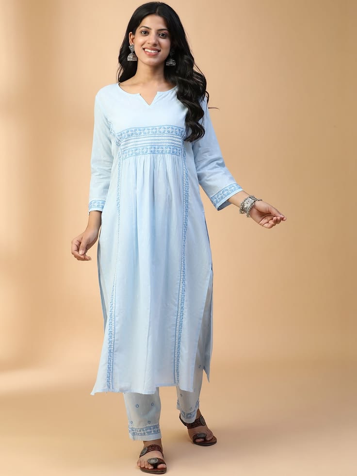 Embroidered Yoke Kurti - Sky Blue (Chiffon)
