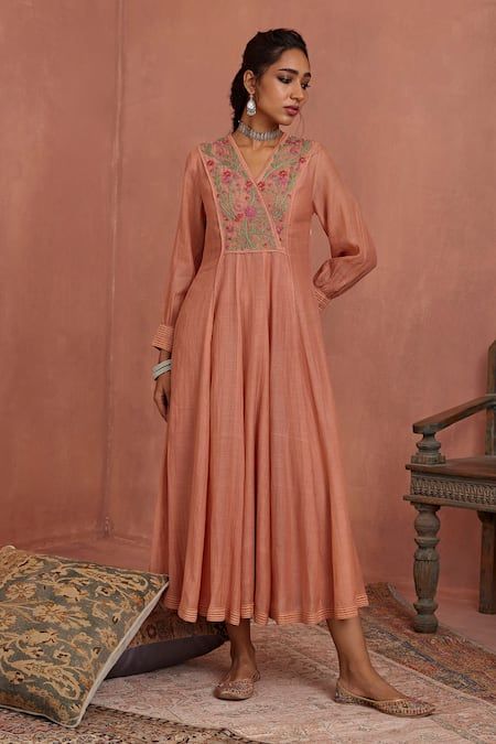 Embroidered Yoke Kurti - Coral (Crepe)