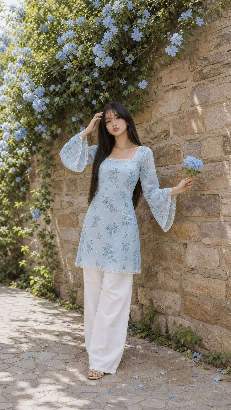 Bell Sleeve Kurti - Sky Blue (Georgette)