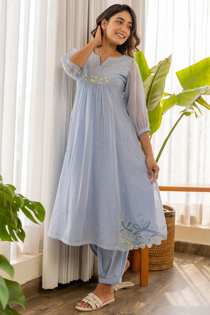 Embroidered Yoke Kurti - Sky Blue (Chiffon)