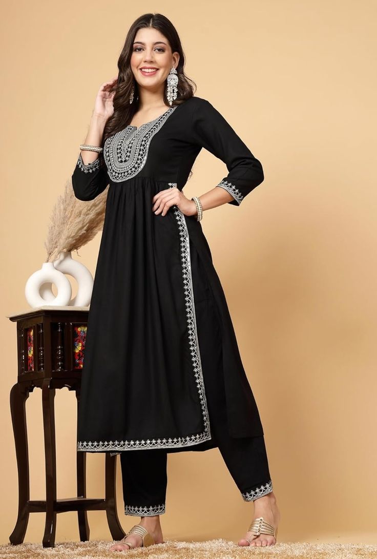 Embroidered Yoke Kurti - Black (Cotton)